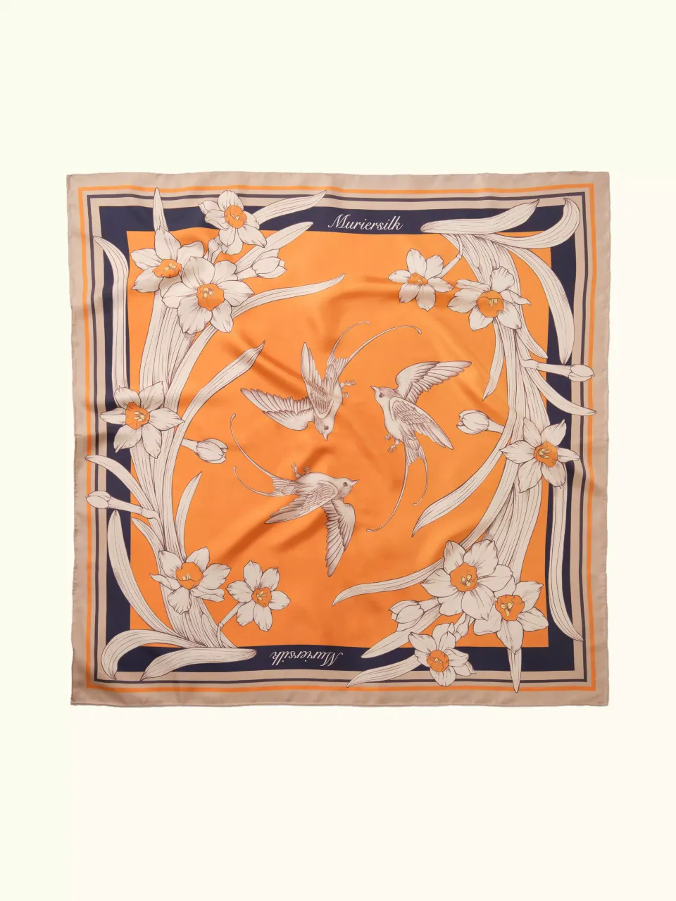 Narcissus & Swallows Silk Scarf-Orange/Navy — full scarf pattern