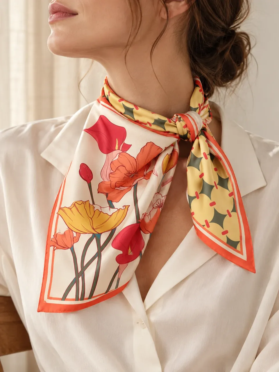 A printed silk twill square knotted at the neck over a cream shirt