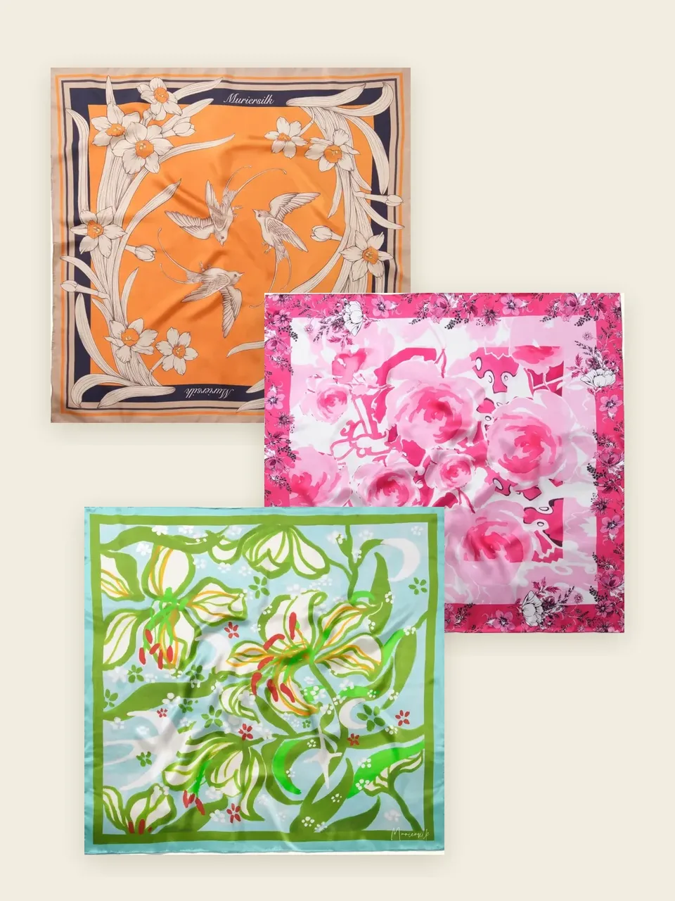 Narcissus and Swallows, Spring Rose Garden and Moonlit Lily silk squares laid out together