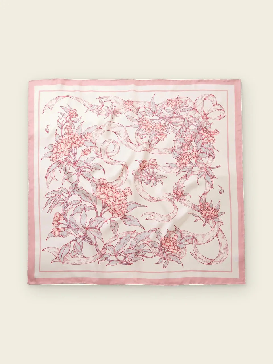 Rosa Banksiae Silk Scarf-Cream/Rose, on an oat backdrop