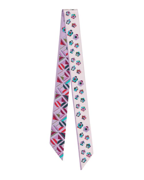 Little Plum Blossom and Geometric Plaid Twill Silk Ribbon Scarf
