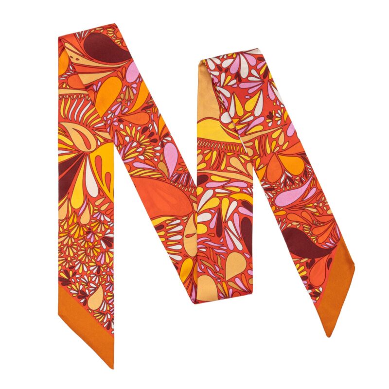 Orange Cashew Flower Twill Silk Ribbon Scarf