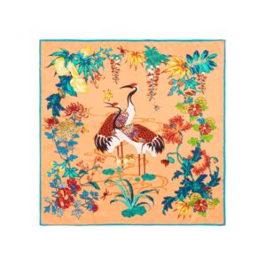 Foulard carré en soie Double grue en fleur